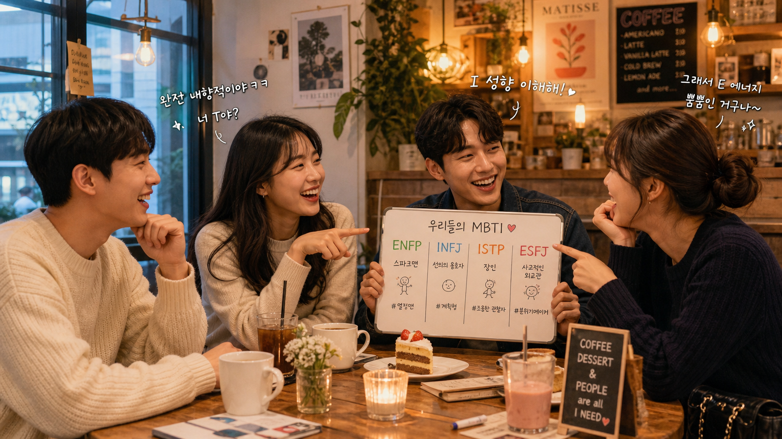 카페에서 친구들이 MBTI 유형에 대해 이야기하며 웃고 있는 장면