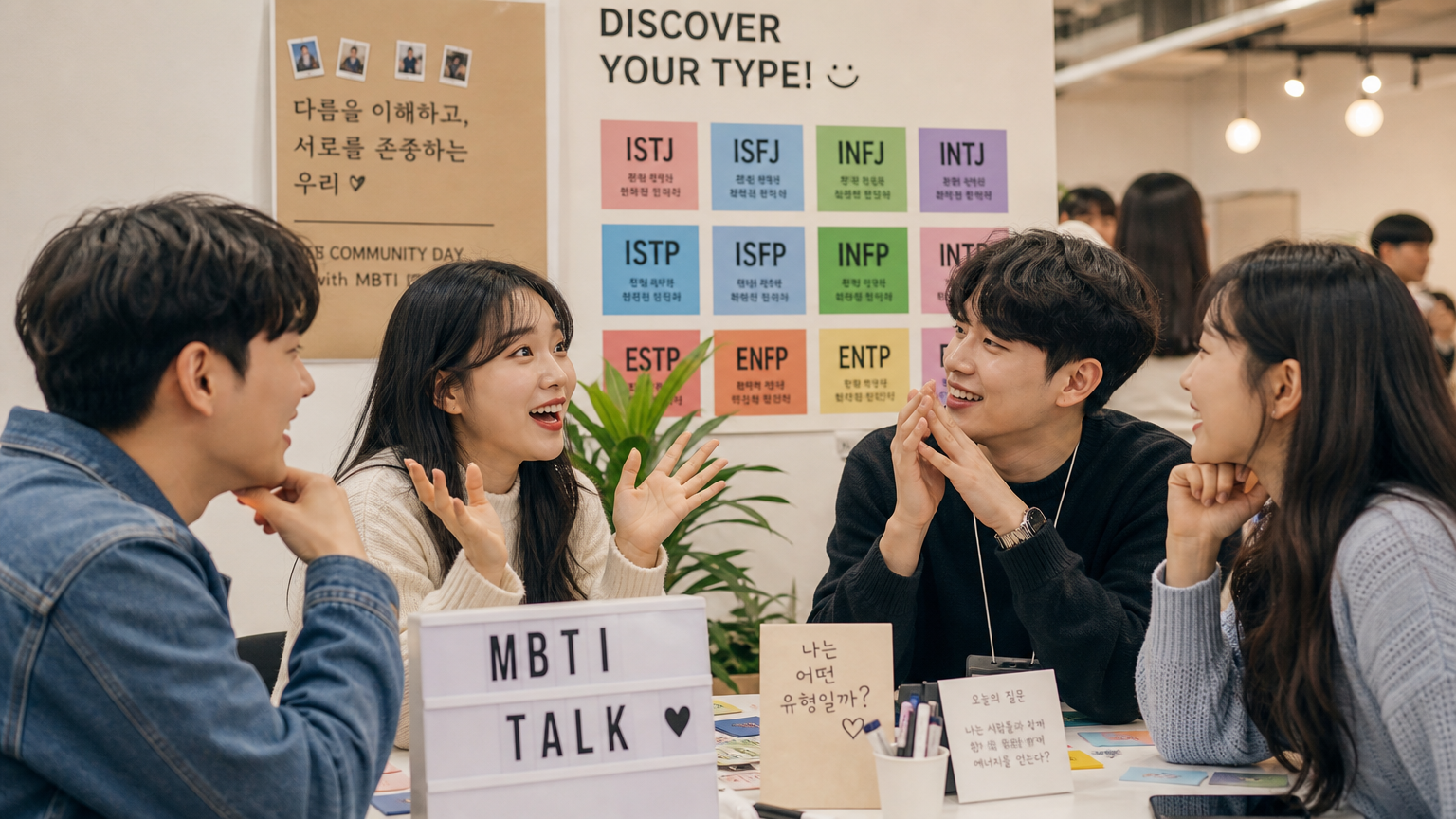 젊은 사람들이 커뮤니티 행사에서 성격 유형에 대해 토론하는 모습