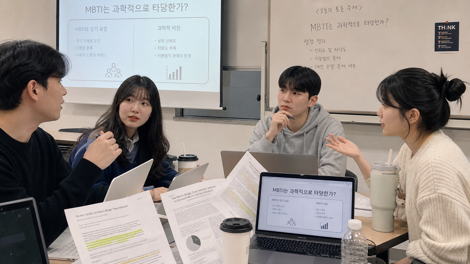 대학생들이 강의실에서 MBTI의 과학적 타당성을 토론하는 장면