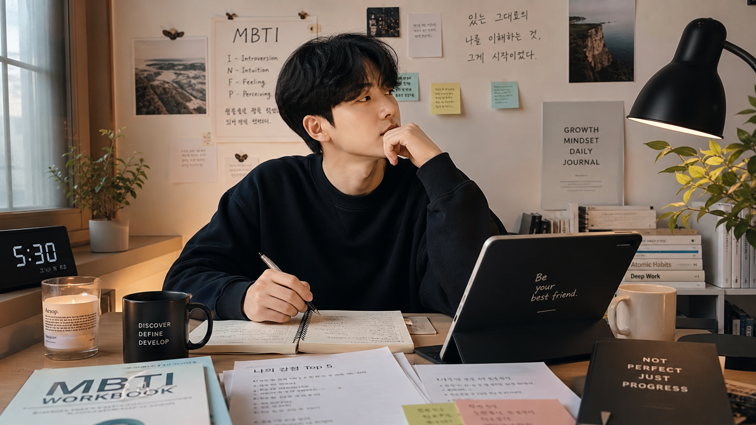 개인이 집에서 책과 노트를 통해 깊은 자기 반성을 하고 있는 모습