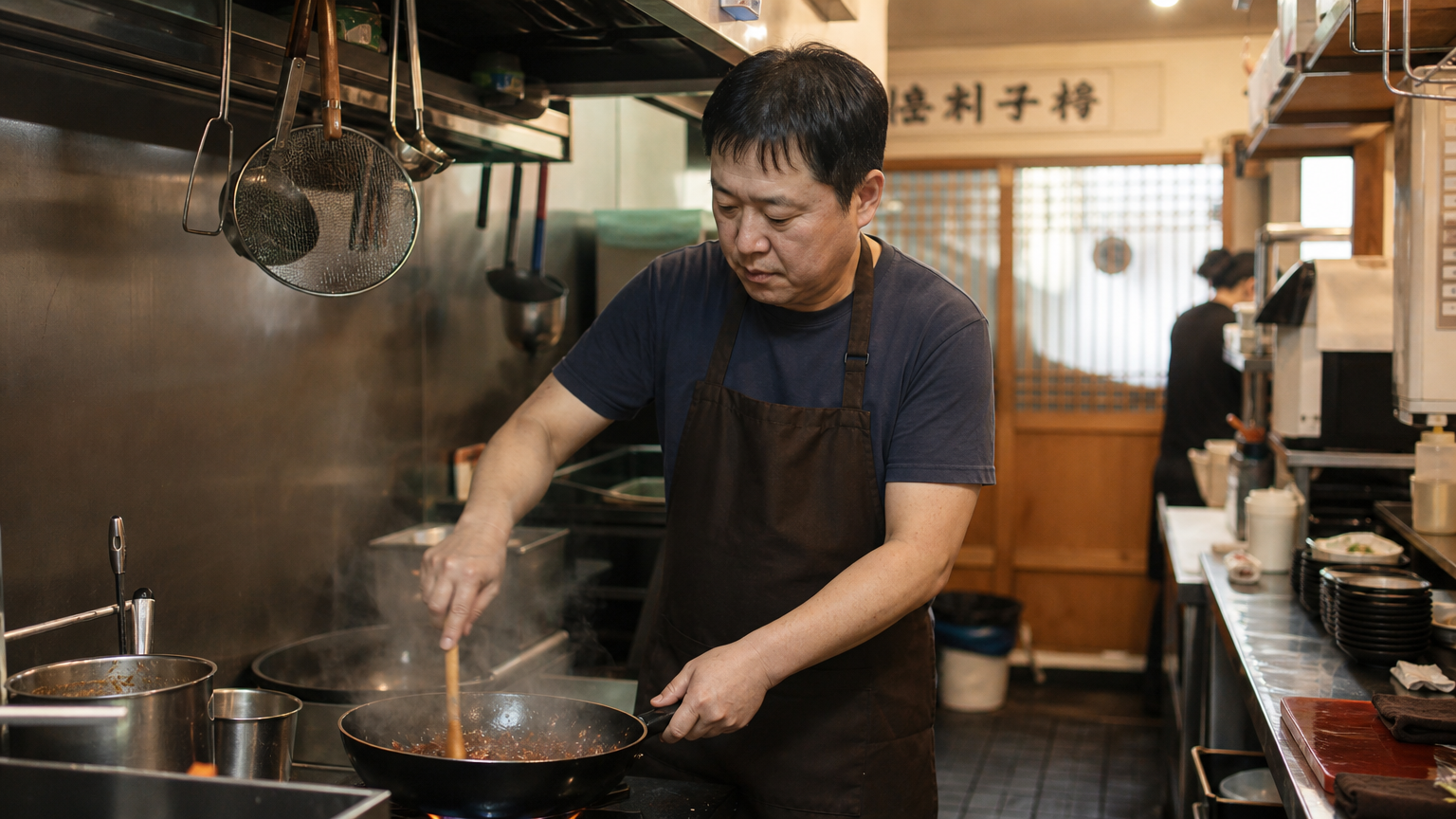 앞치마를 두른 사장님이 직접 요리하는 아늑하고 진정성 있는 중식당 내부