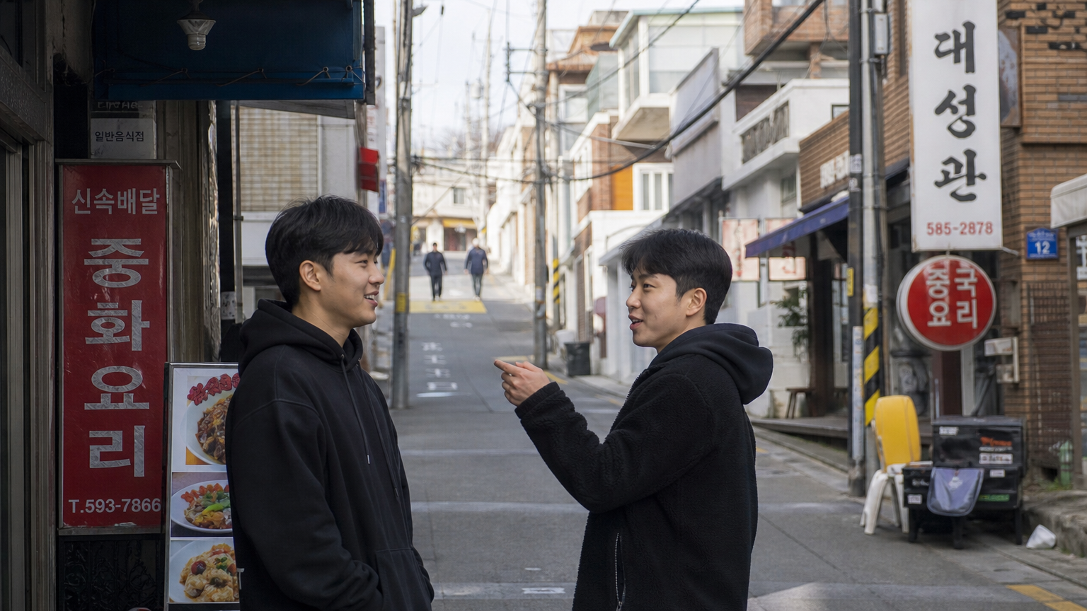 지역 주민들이 좋아하는 중국집에 대해 이야기 나누는 골목길 장면