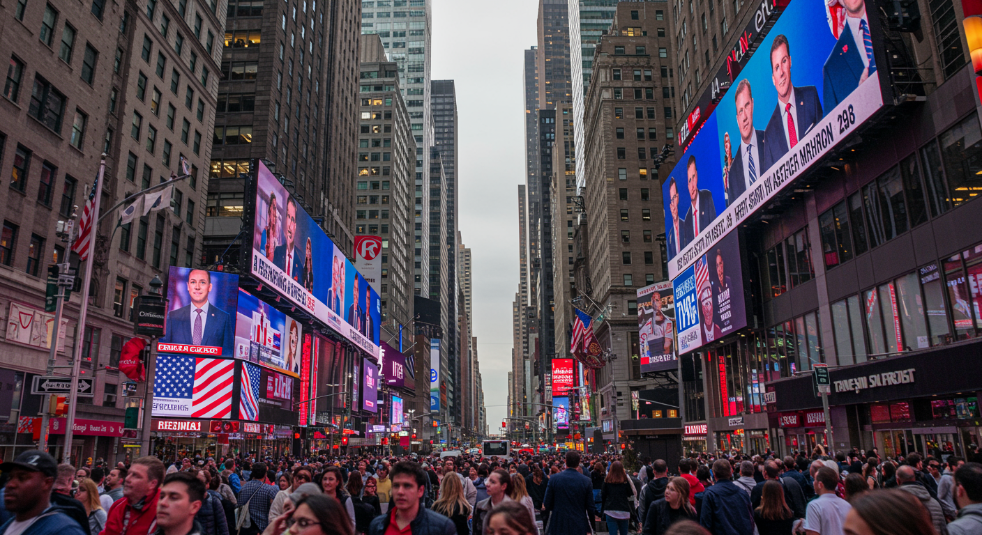 현대적인 미국 도시 거리에서 사람들이 정치 뉴스를 보고 있는 장면