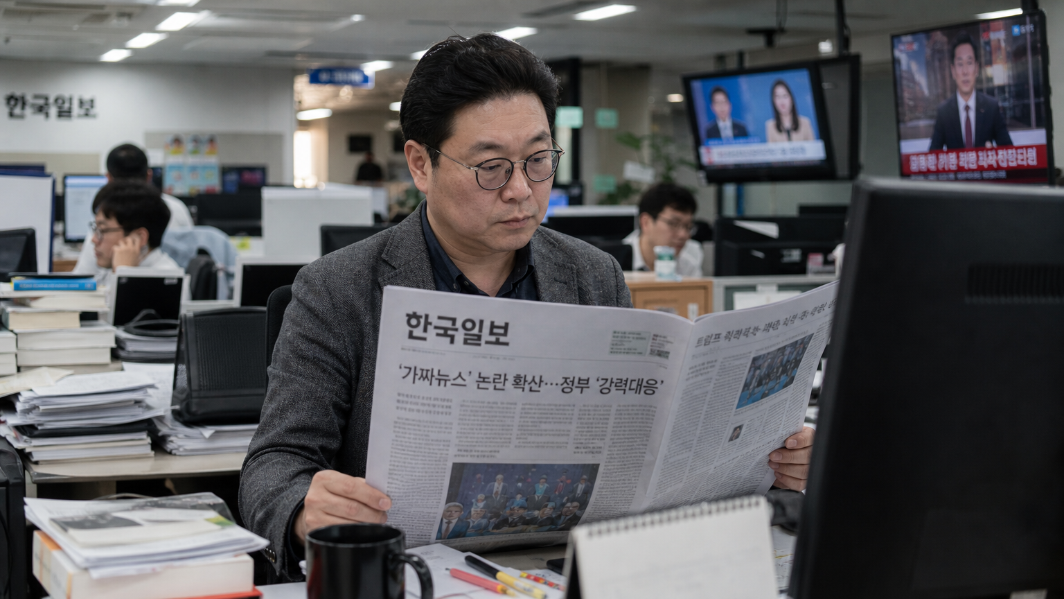 신문을 읽으며 가짜뉴스 논란에 대해 이야기하는 기자