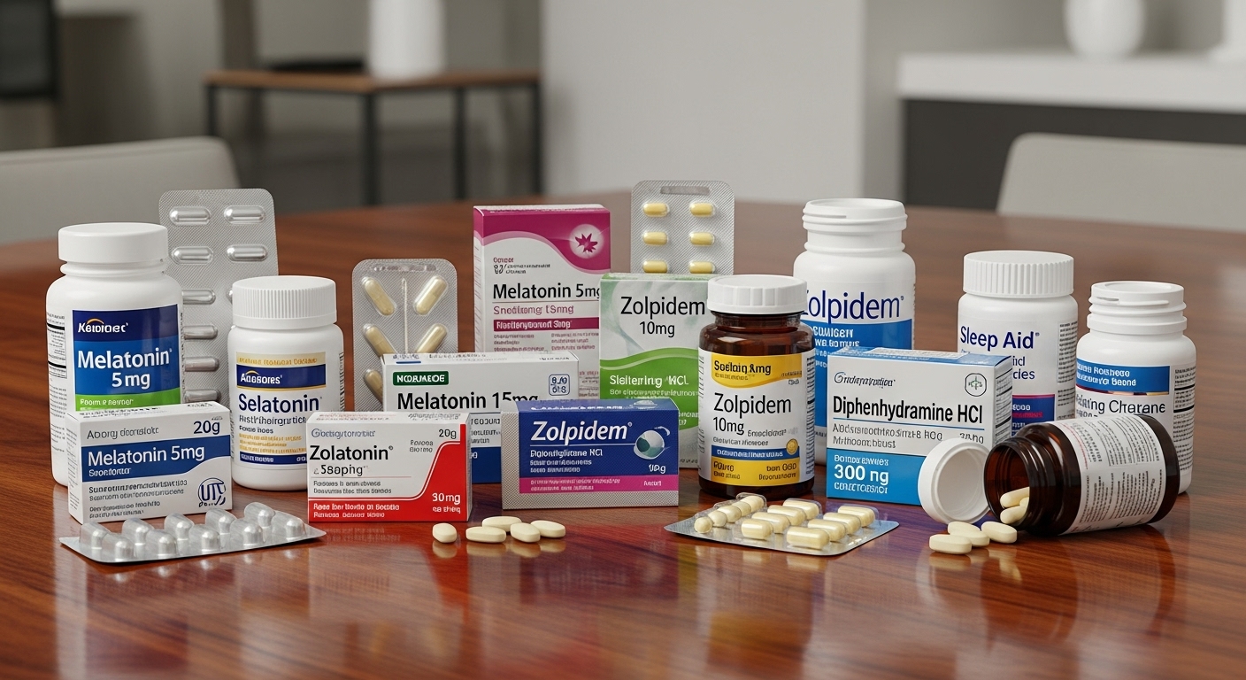 다양한 포장과 라벨의 여러 종류의 수면제가 놓인 테이블