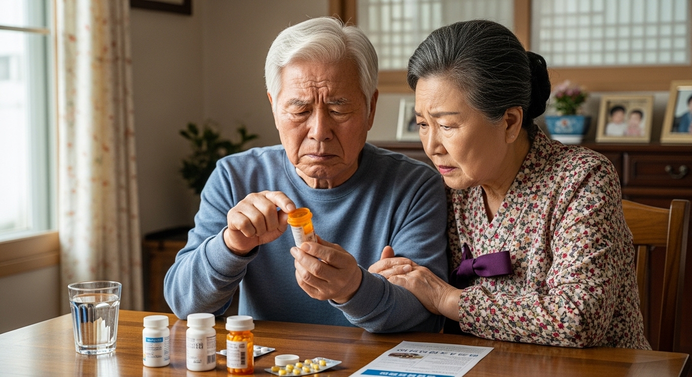집에서 약물에 대해 이야기하는 노부부의 걱정스러운 모습