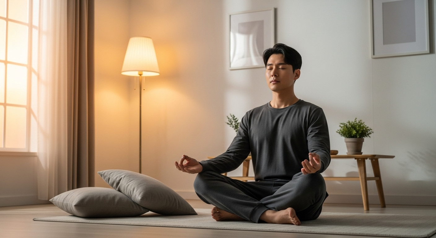 잠들기 전 요가를 통해 이완하는 남성의 평온한 모습