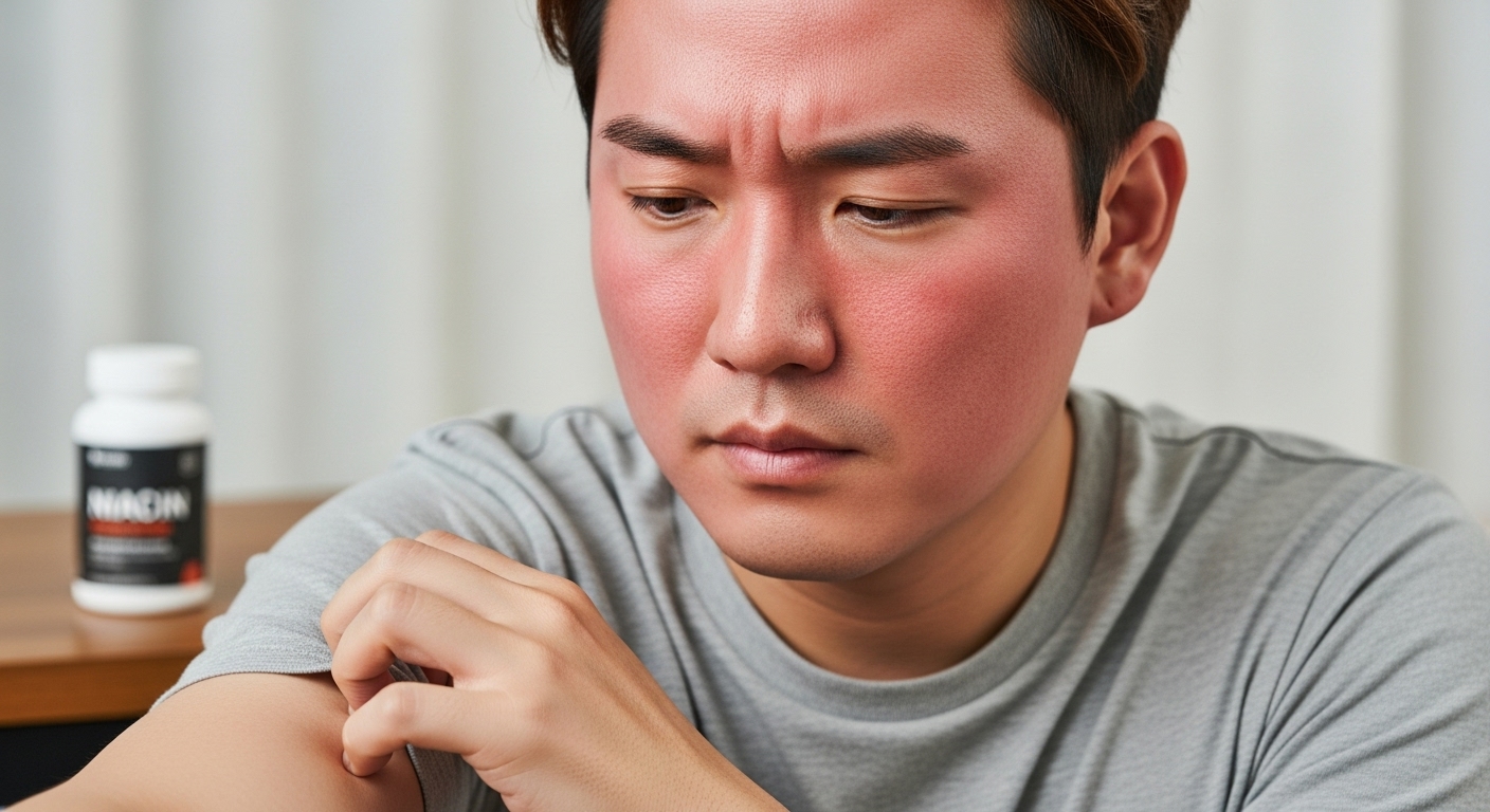 얼굴이 붉어진 남성이 나이아신 병을 배경으로 팔을 긁는 모습