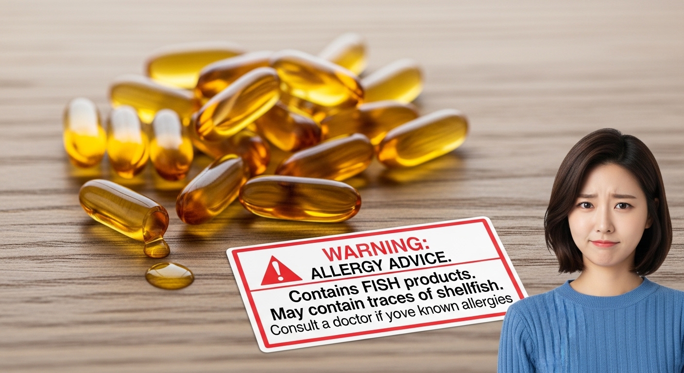 어류 알레르기 경고 라벨이 붙은 오메가3 캡슐과 이를 바라보는 젊은 여성