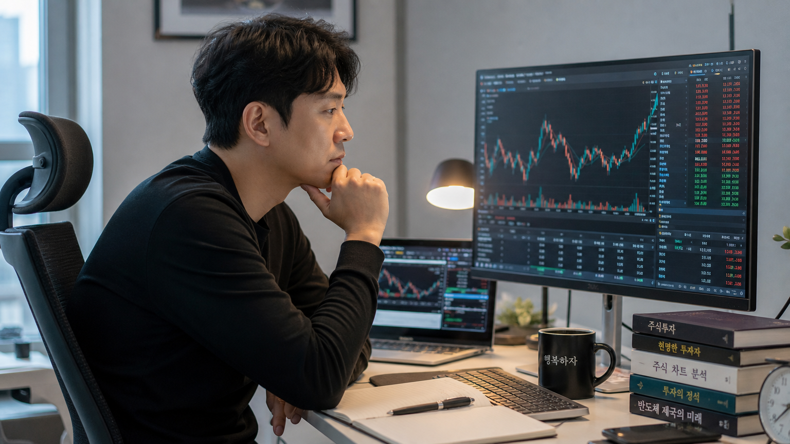 주식 차트를 보며 투자 리스크와 보상을 고민하는 현대적인 책상 앞의 투자자