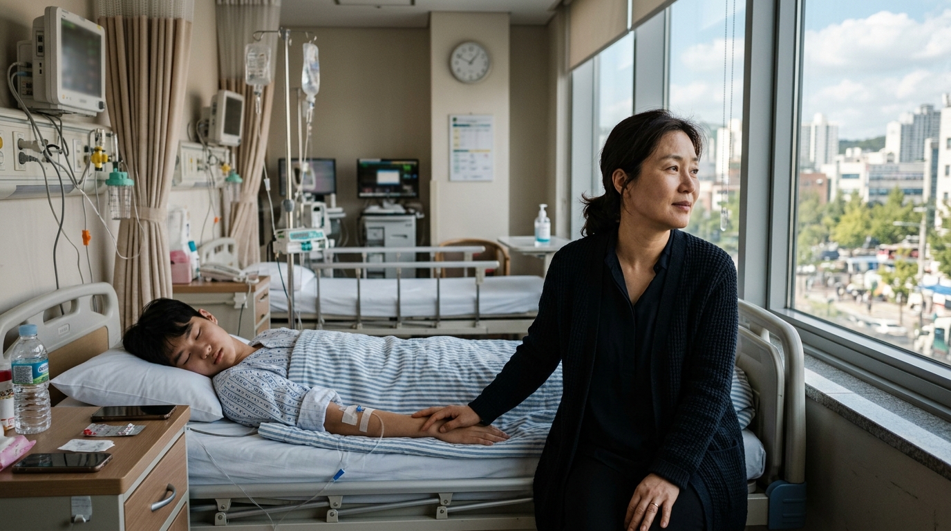 병원 창문을 바라보며 걱정 어린 표정을 짓는 중년 여성