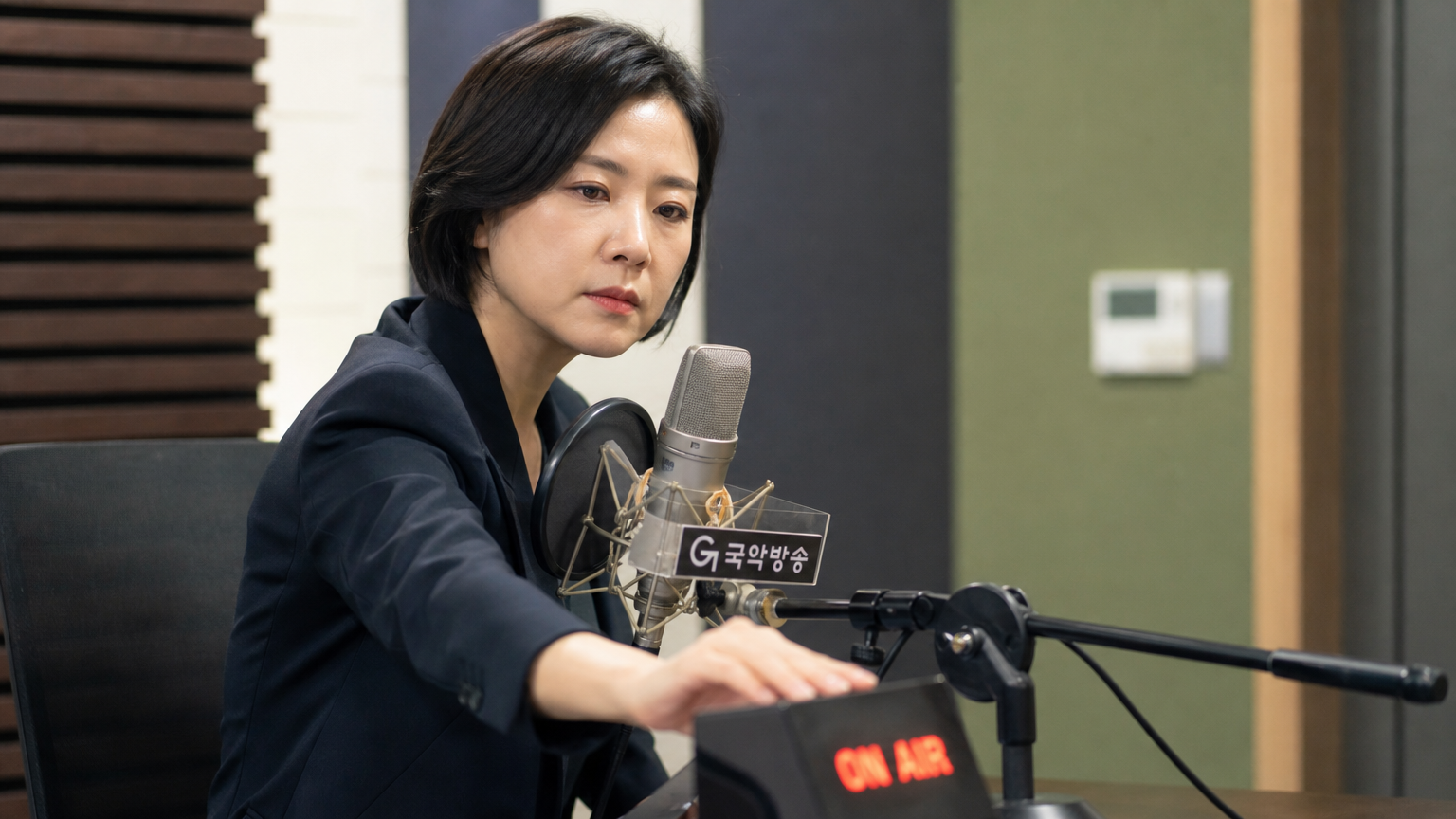 스튜디오에서 마이크를 끄며 결단력 있는 표정을 짓는 여성