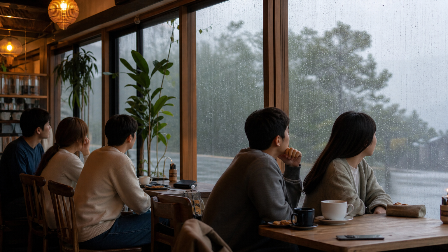 카페 창밖으로 비를 바라보며 휴식을 취하는 관광객들