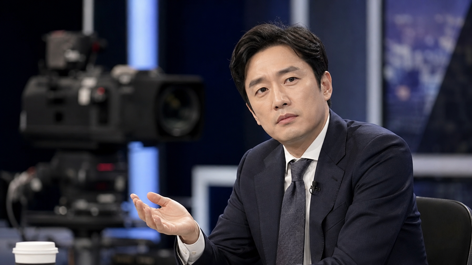 정장을 입고 방송 스튜디오에서 생각에 잠긴 모습의 변호사