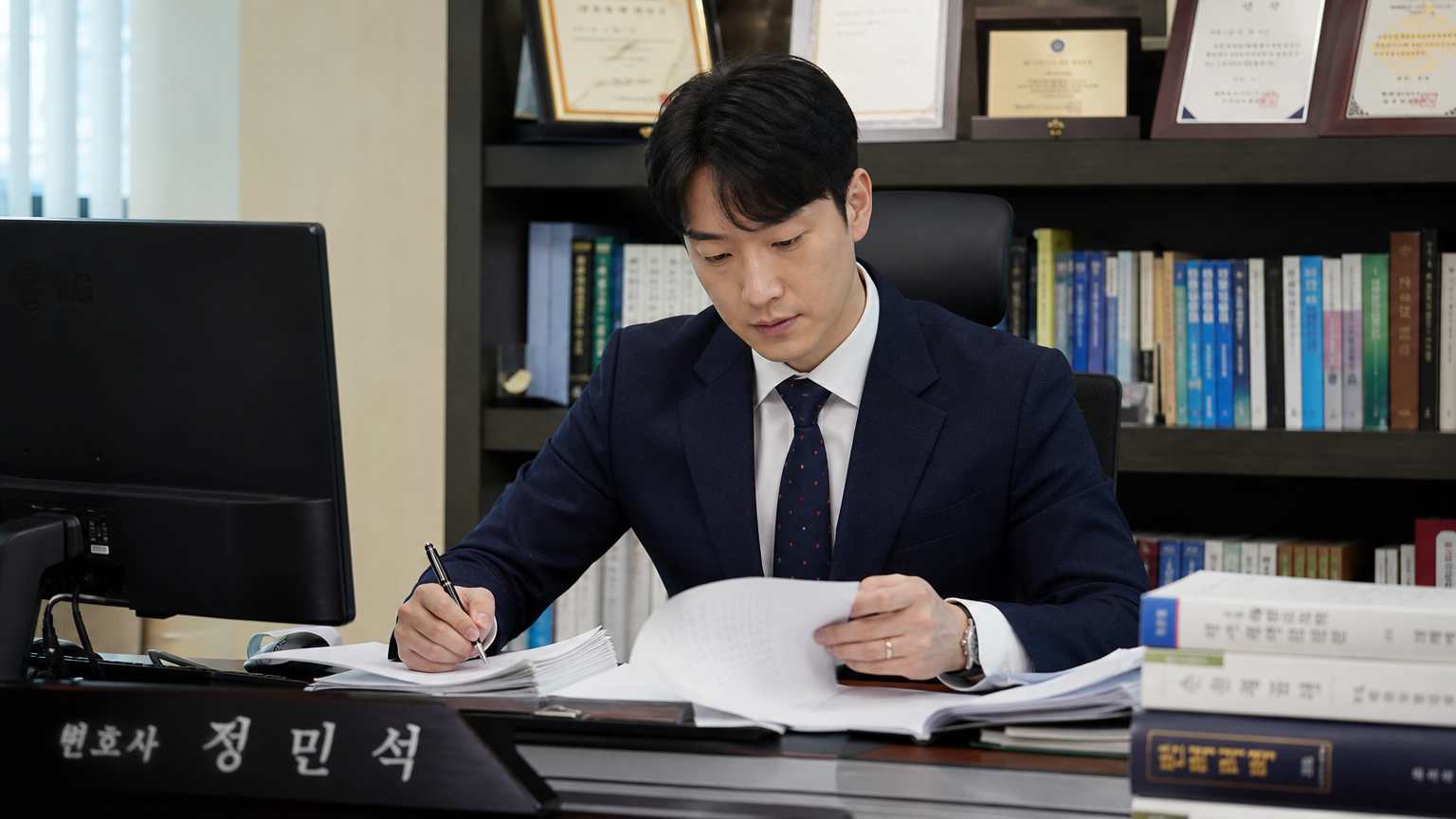 책상 위에 서류와 법률책이 놓여진 사무실에서 일하는 변호사의 모습