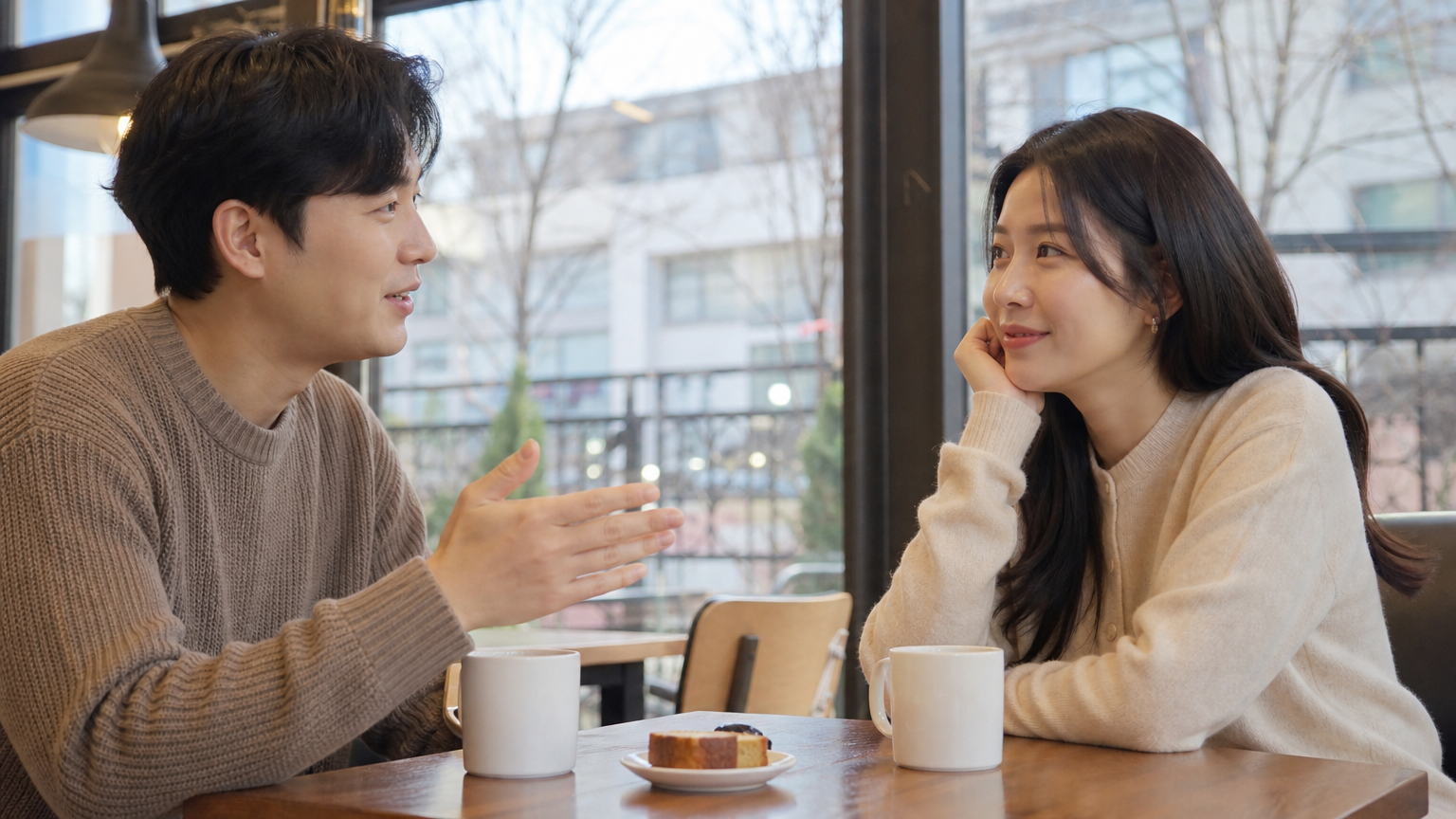 카페에서 대화를 나누며 서로에게 집중하는 두 사람의 만남