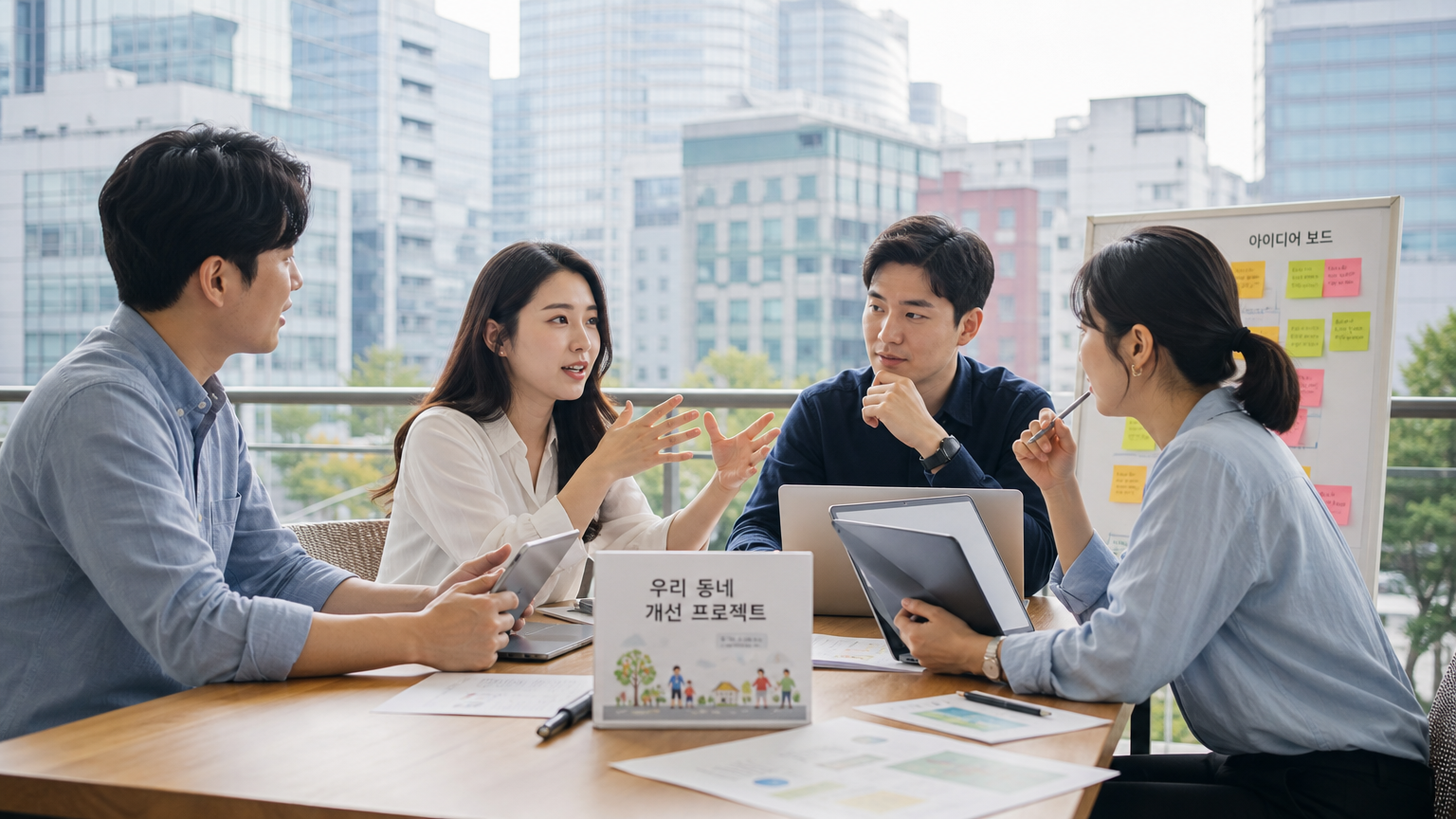 현대 도시 환경에서 노트북과 태블릿으로 토론하고 협력하는 한국 성인들