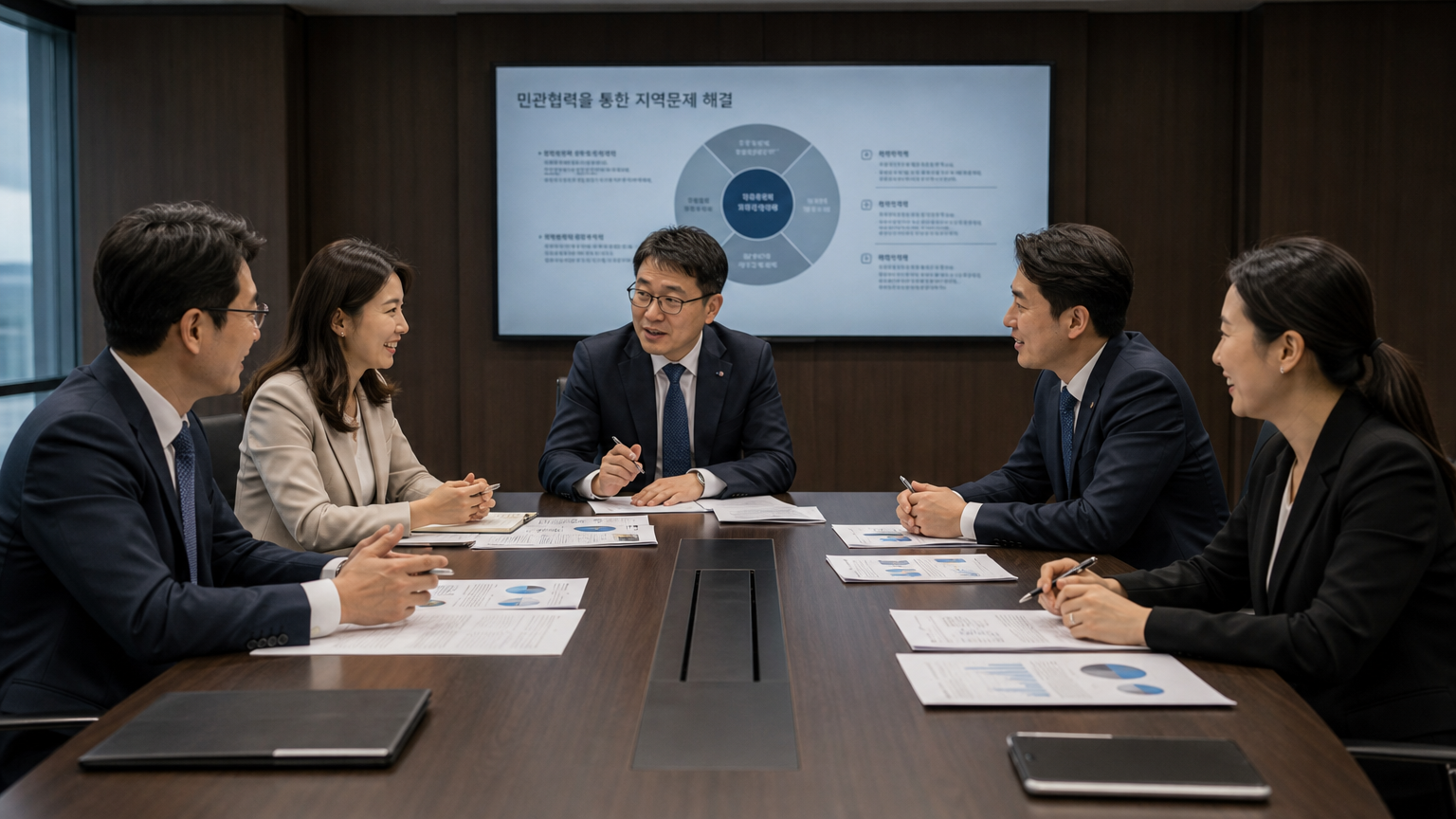 회의실에서 협력적인 논의를 하는 한국 전문가들 모습