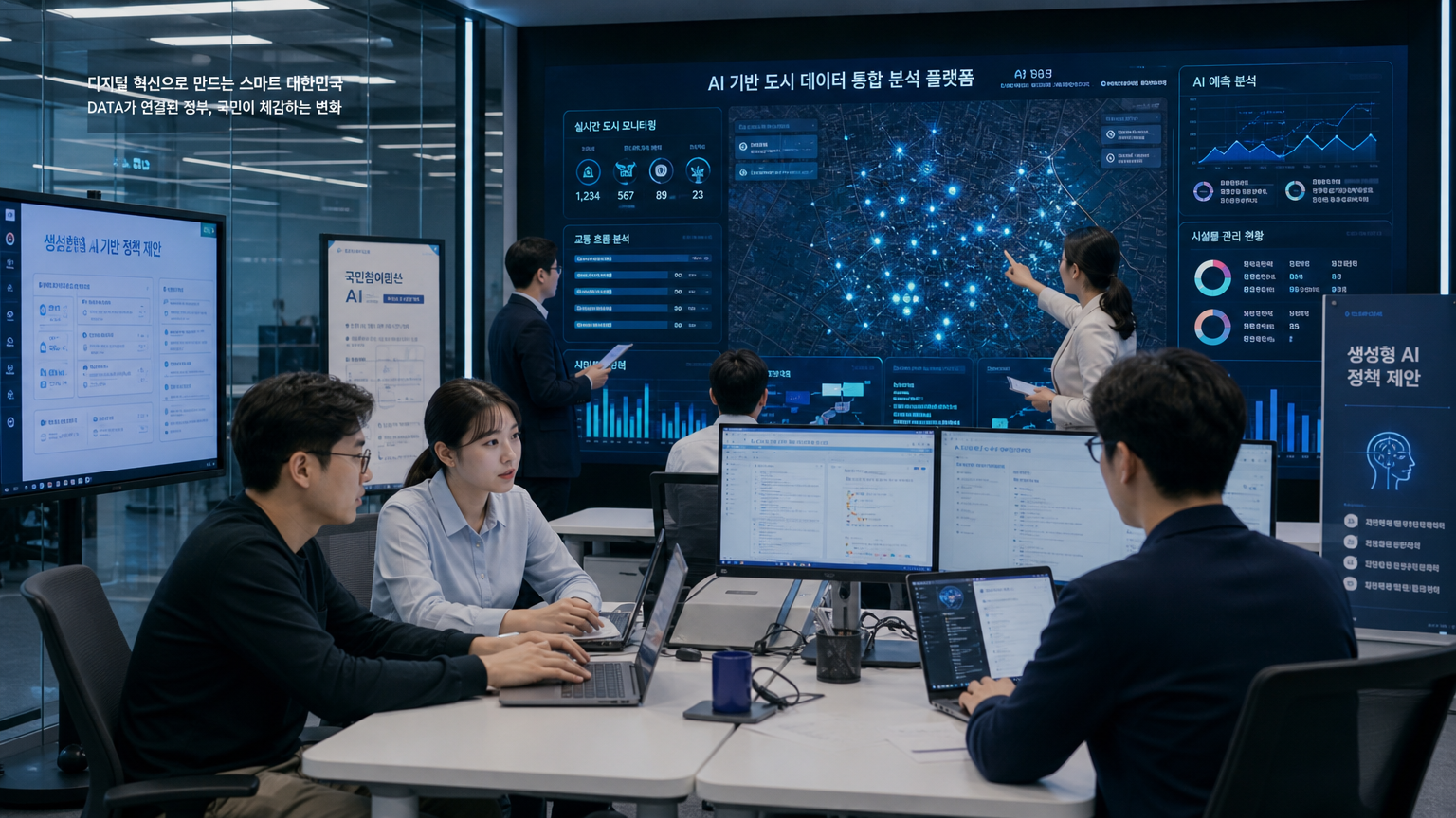 첨단 사무실에서 AI 도구와 데이터 분석을 활용하는 한국 기술 전문가들