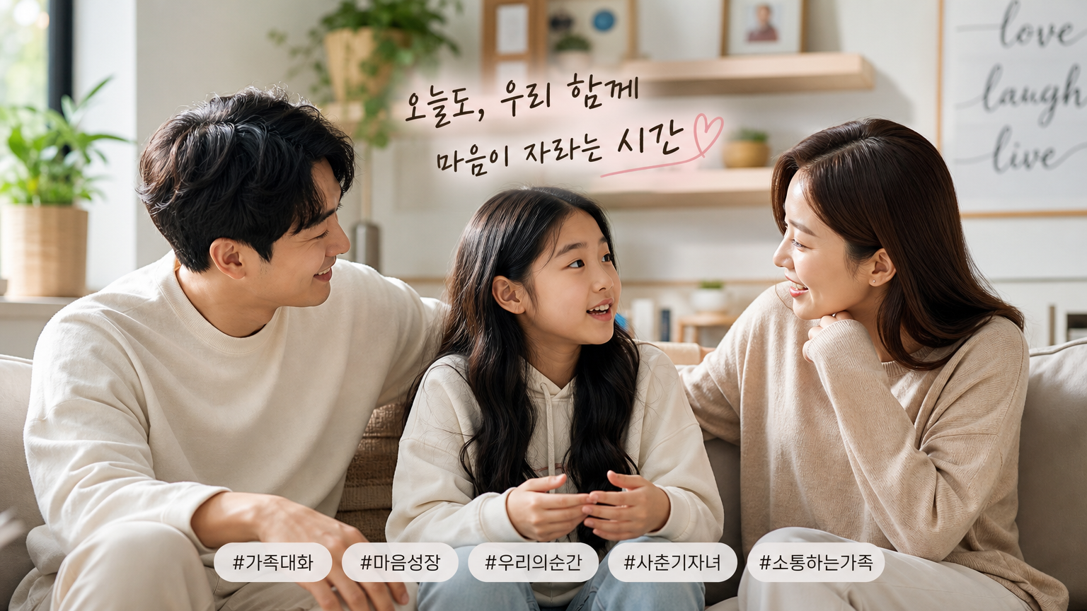 부모와 자녀가 집에서 감정을 솔직하게 나누는 모습