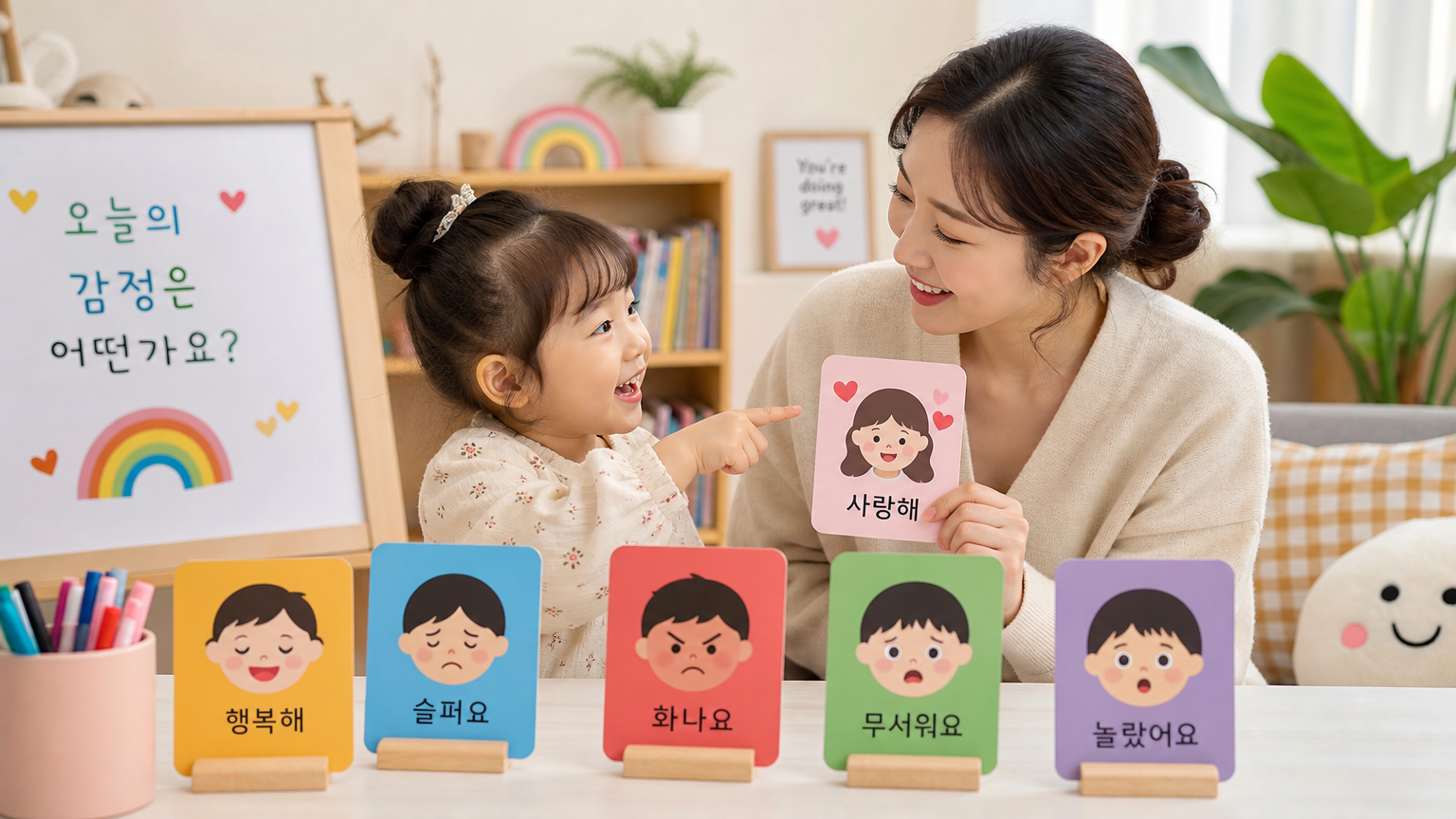 플래시카드를 사용해 자녀에게 감정을 설명하는 장면
