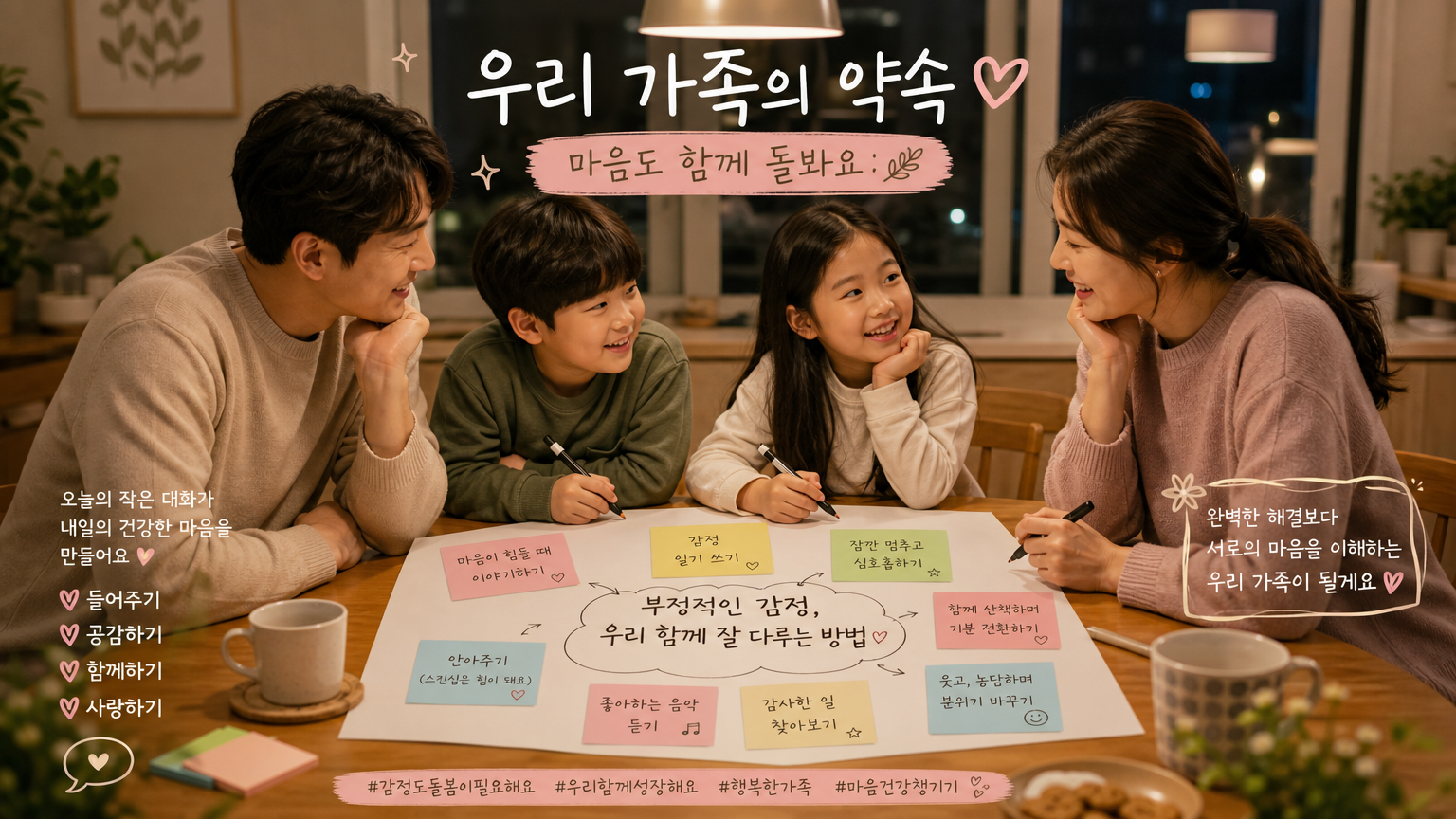 저녁 식탁에서 부정적 정서를 함께 해결하려 고민하는 가족