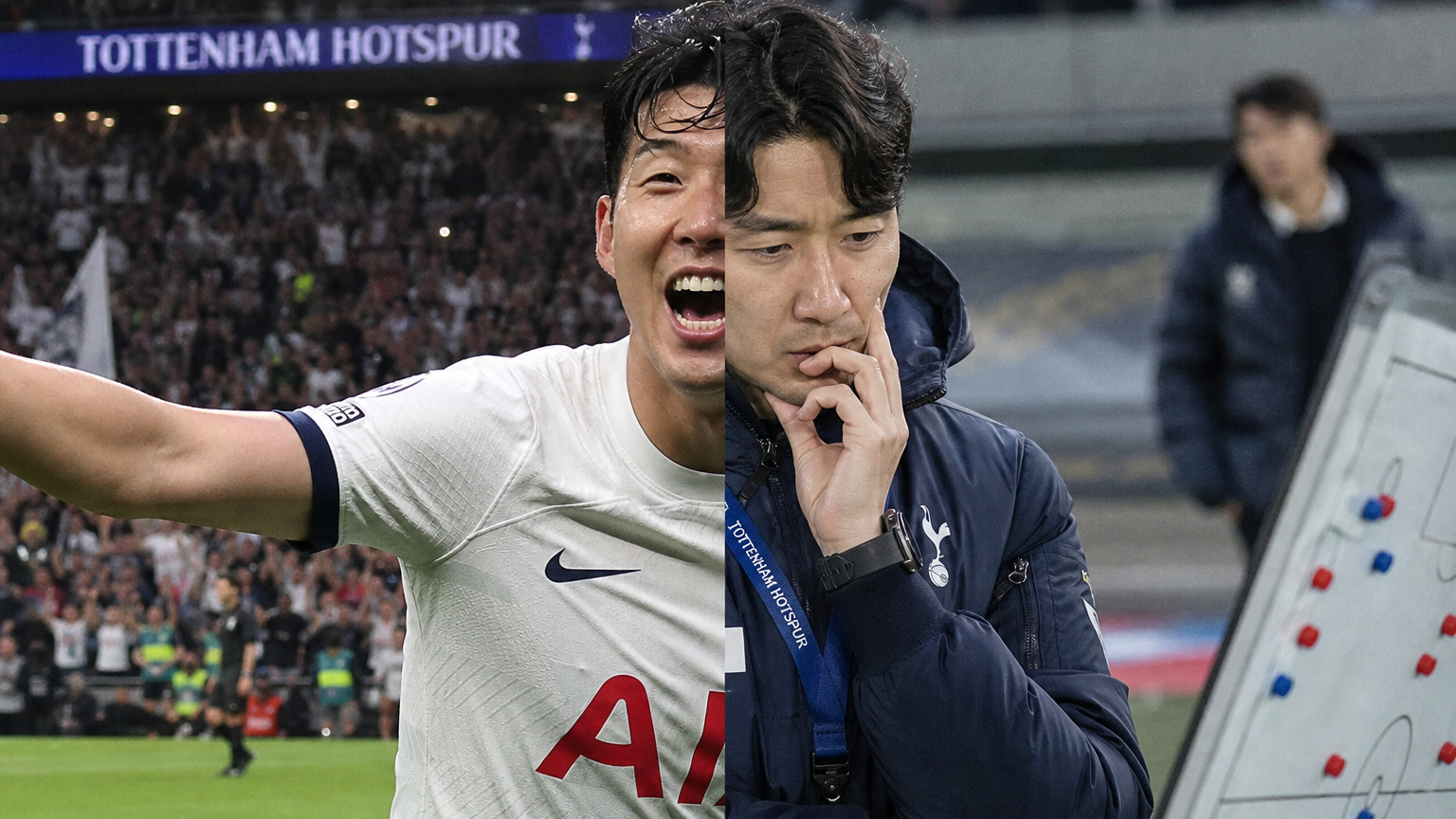 한 인물이 축구 선수와 감독으로서 각각 다른 모습과 역할을 보여주는 장면