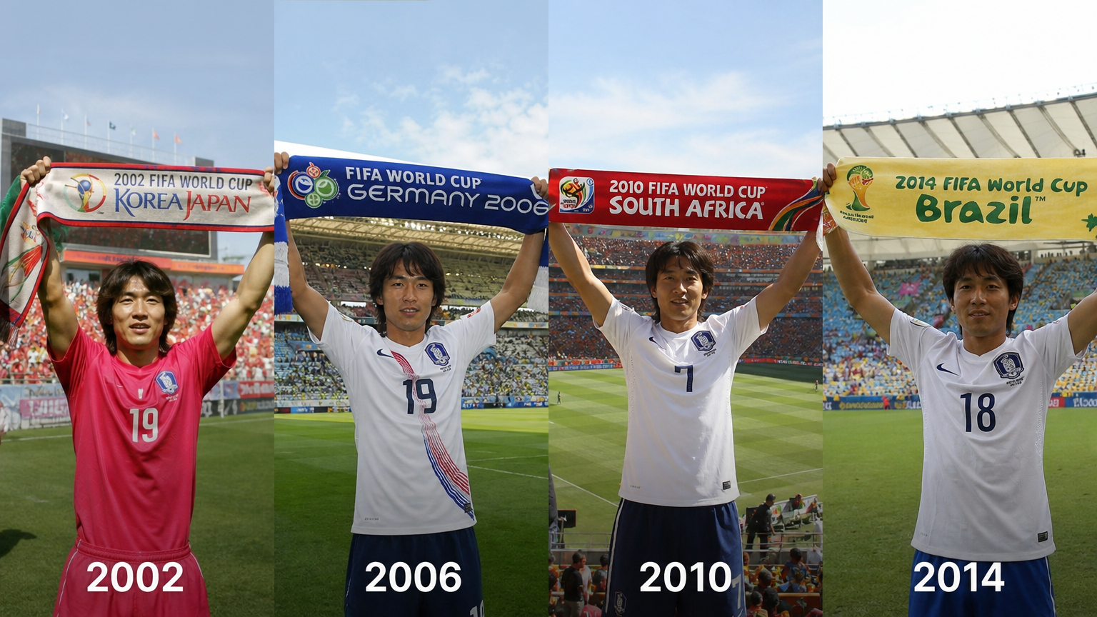 월드컵 무대에서 자랑스럽게 서 있는 한국 축구 전설의 모습