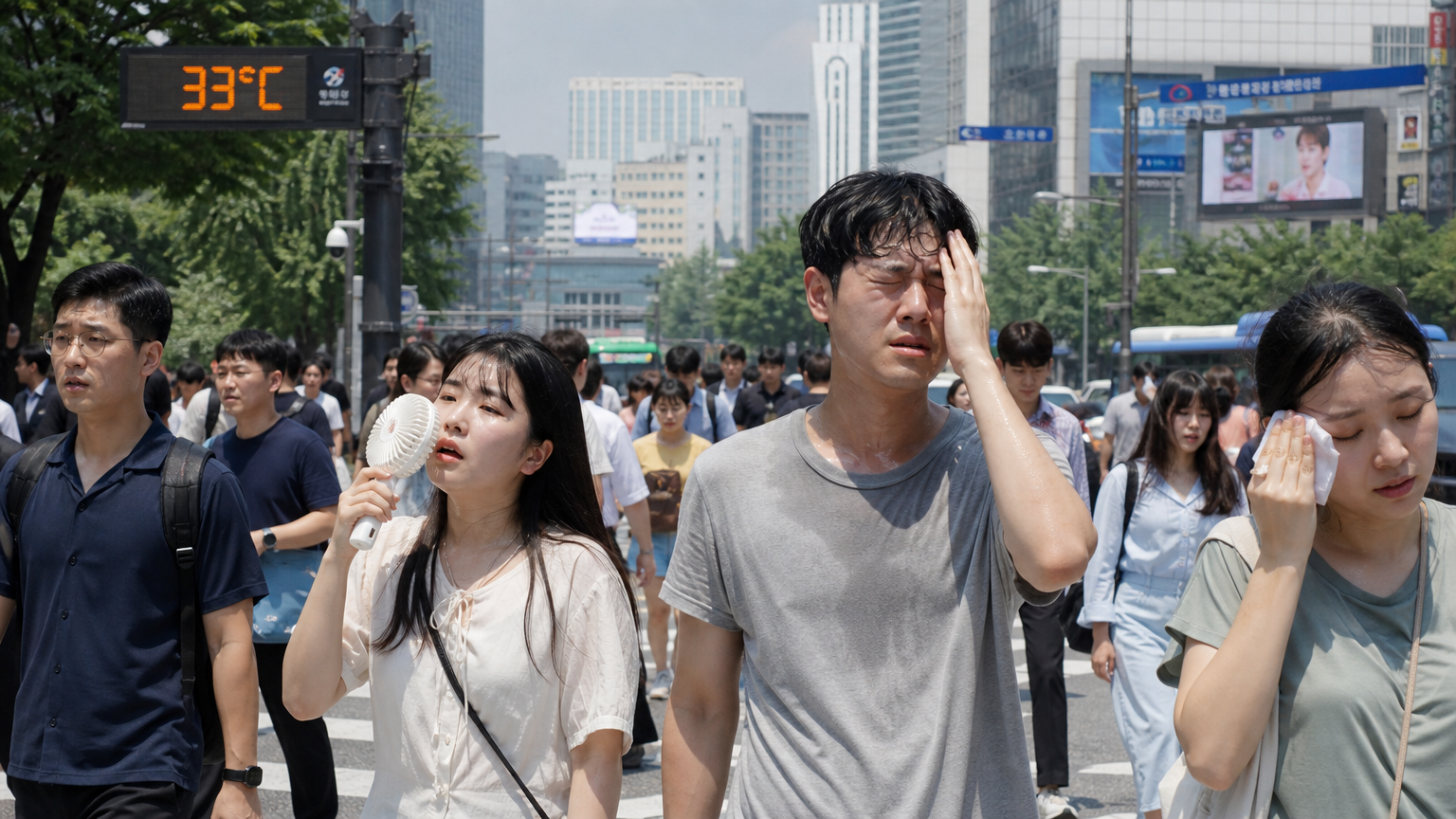 여름철 높은 습도로 인해 불편해하는 사람들로 가득한 한국 도시 풍경