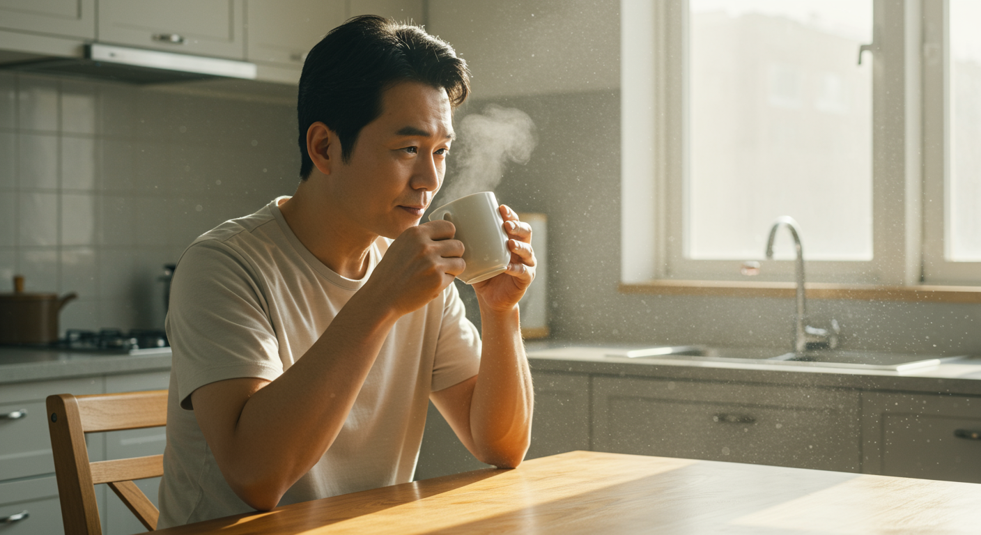 주방에서 따뜻한 보리차를 천천히 마시는 남성