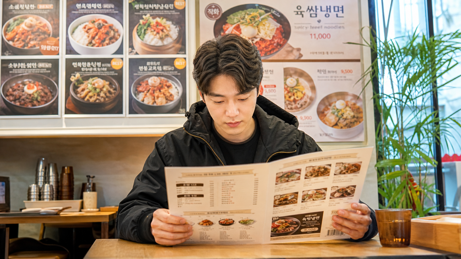 캐주얼한 식당에서 메뉴를 보고 있는 남성의 모습