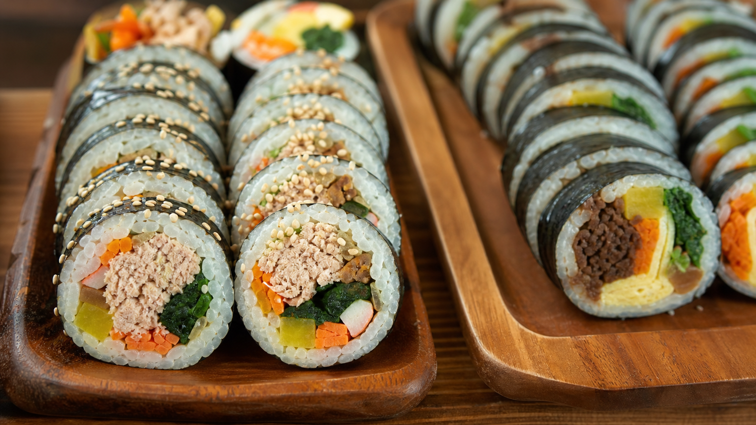 나무 쟁반 위에 다양한 종류의 김밥이 놓여 있는 모습