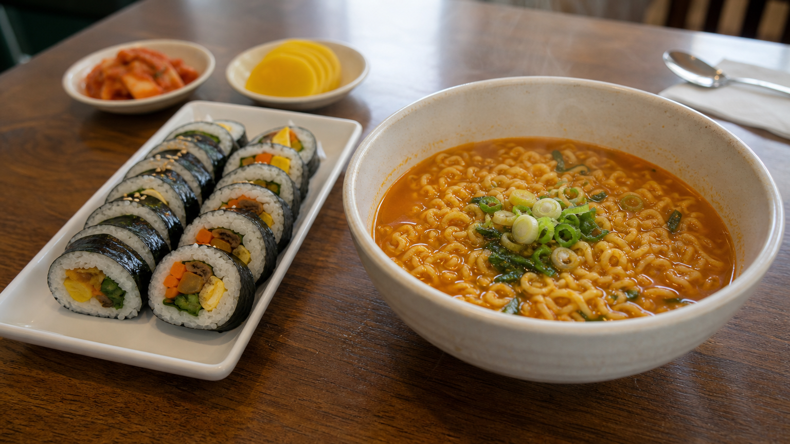 뜨거운 라면과 신선한 김밥이 식탁 위에 함께 놓여 있는 장면