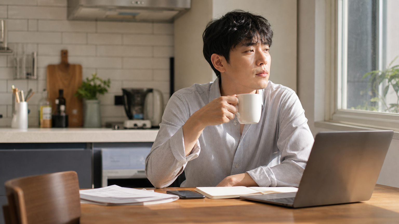 현대적인 주방에서 아침 커피를 마시는 피곤한 표정의 직장인 모습