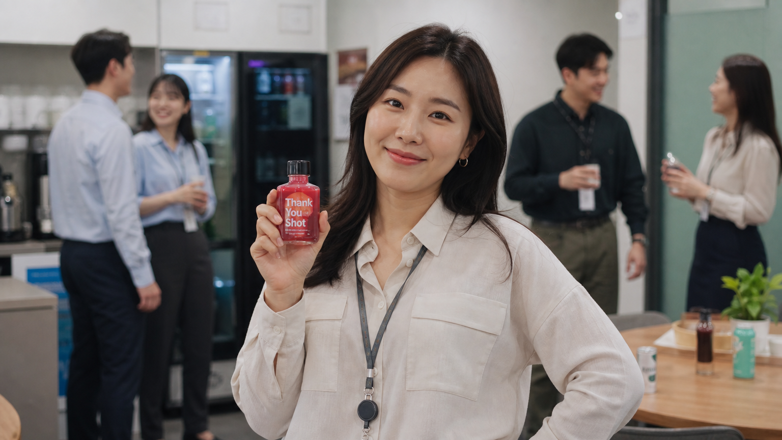 사무실 휴게실에서 동료들과 함께 있는 여성이 '땡큐샷'을 들고 있는 장면