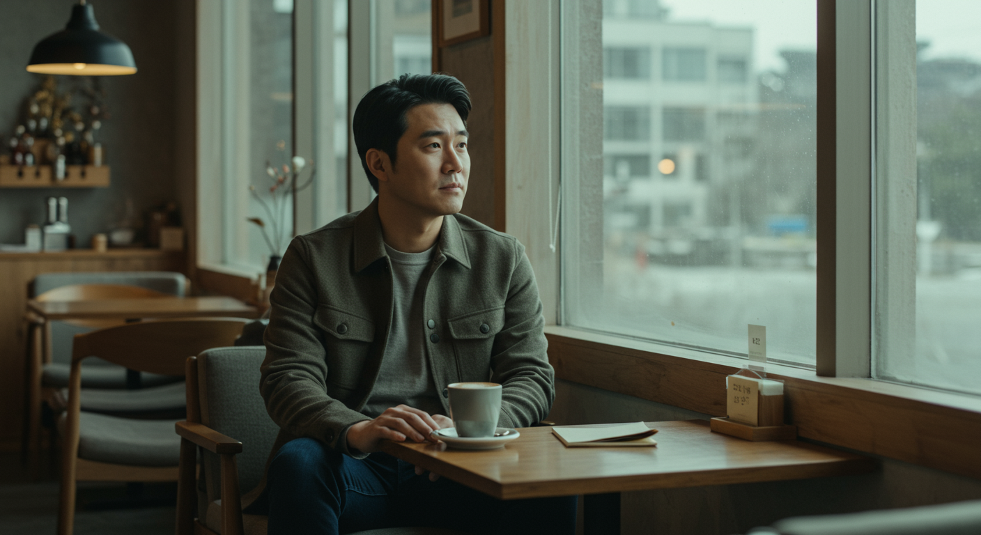 서울의 현대적인 카페에서 깊은 생각에 잠긴 한 남성의 모습