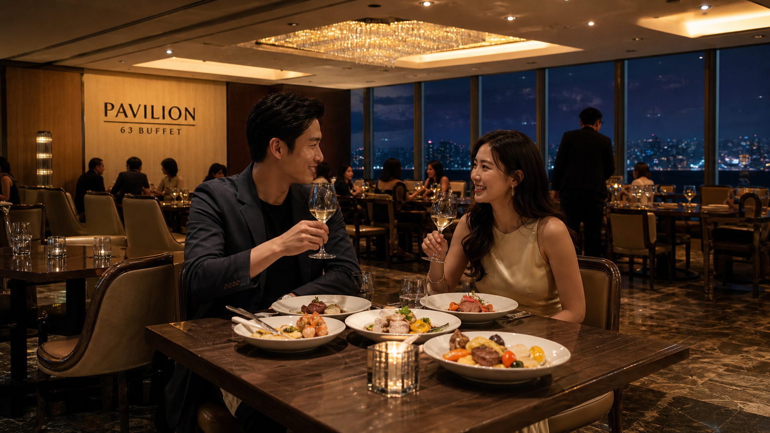 서울 63빌딩 지하 1층에 위치한 고급스러운 파빌리온 뷔페에서 커플이 미식을 즐기는 장면