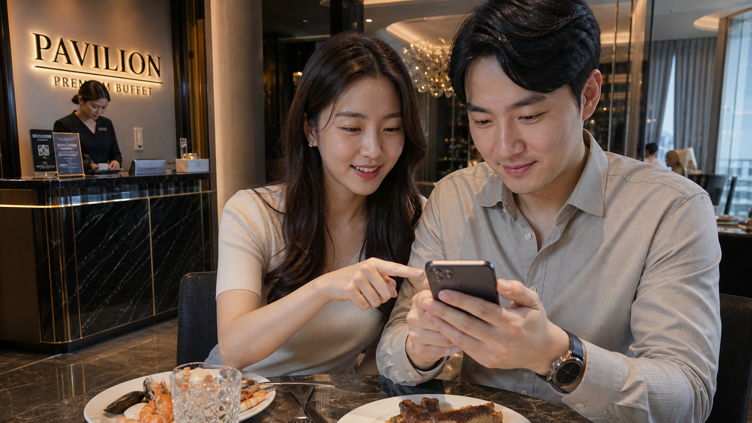 스마트폰 앱으로 파빌리온 뷔페 창가석 예약을 시도하는 커플