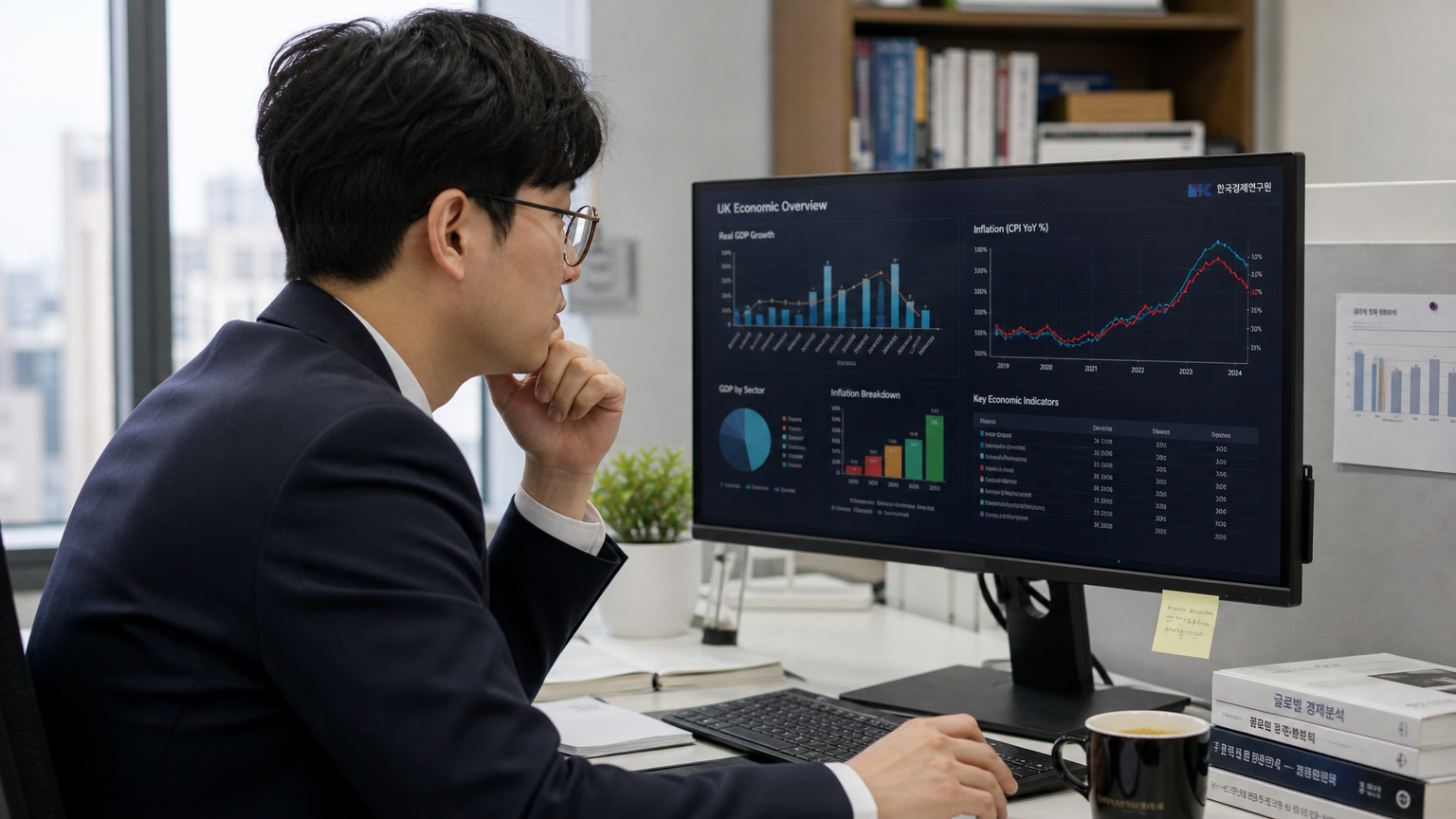 경제 데이터를 분석하며 영국 GDP와 물가상승률을 연구하는 모습