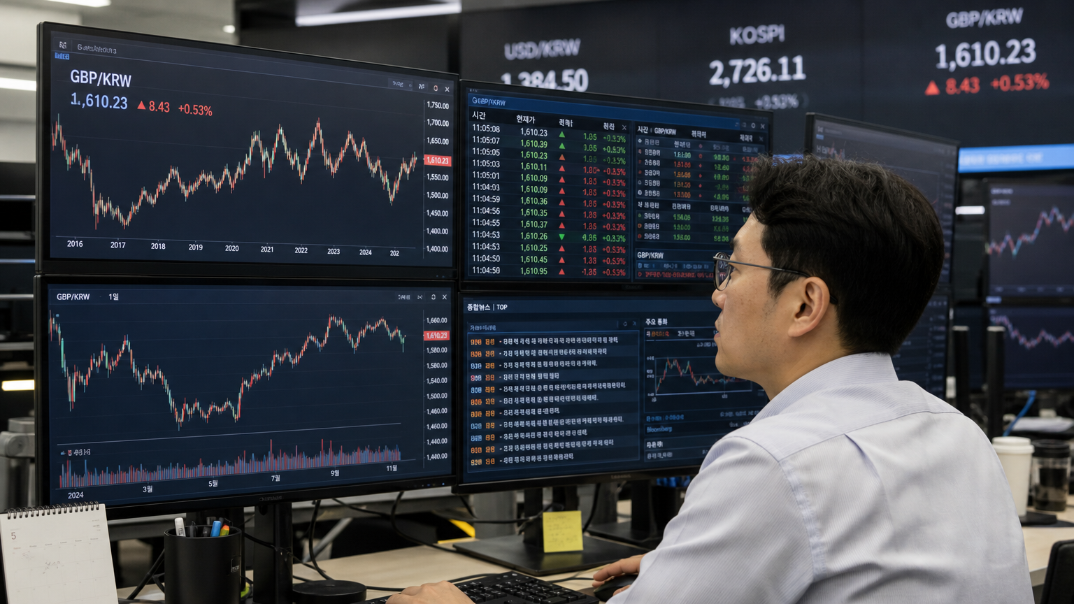 트레이딩룸에서 여러 모니터를 통해 GBP/KRW 환율 변동성을 검토하는 금융 분석가