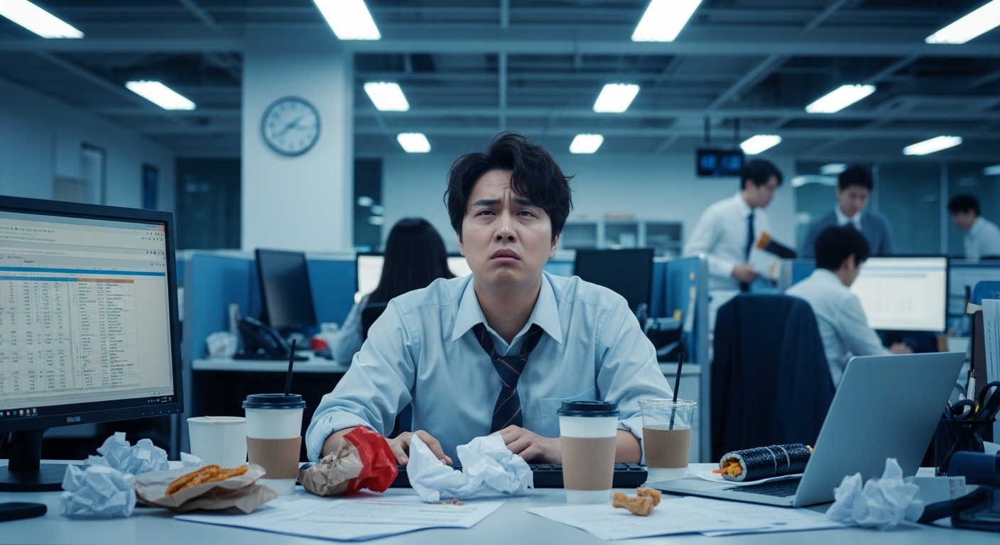 사무실에서 인스턴트 음식 포장지와 커피잔에 둘러싸여 스트레스를 받는 직장인의 모습