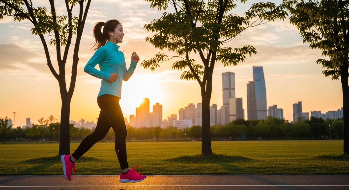 공원에서 조깅을 하며 운동복과 이어폰을 착용한 한국 여성의 모습, 배경에 도시 전경이 보이는 장면