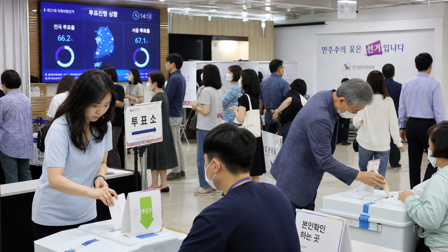 다양한 시민들이 투표하는 현대적인 한국의 투표소 모습