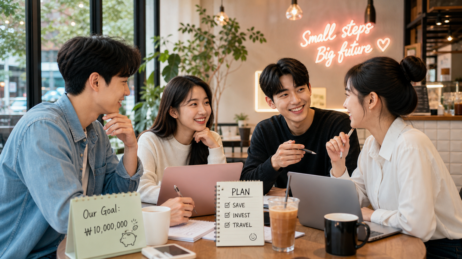 젊은 한국인들이 현대적인 카페에서 저축 계획을 논의하는 모습