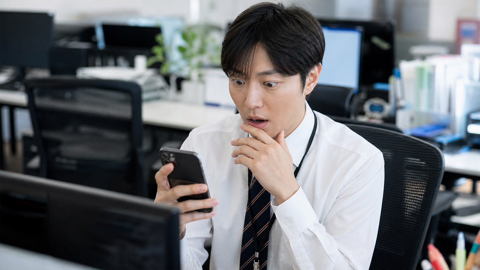 현대적인 사무실에서 스마트폰으로 놀라운 연예인 뉴스를 읽고 있는 직장인의 모습