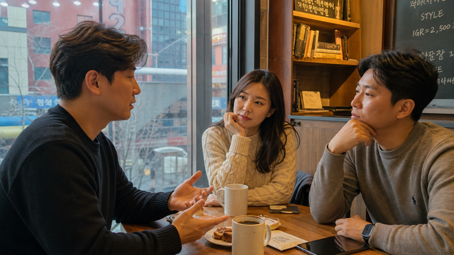 아늑한 카페에서 커피를 마시며 유명인의 도덕적 기준 및 캔슬 컬처에 대해 토론하는 성인들의 모습