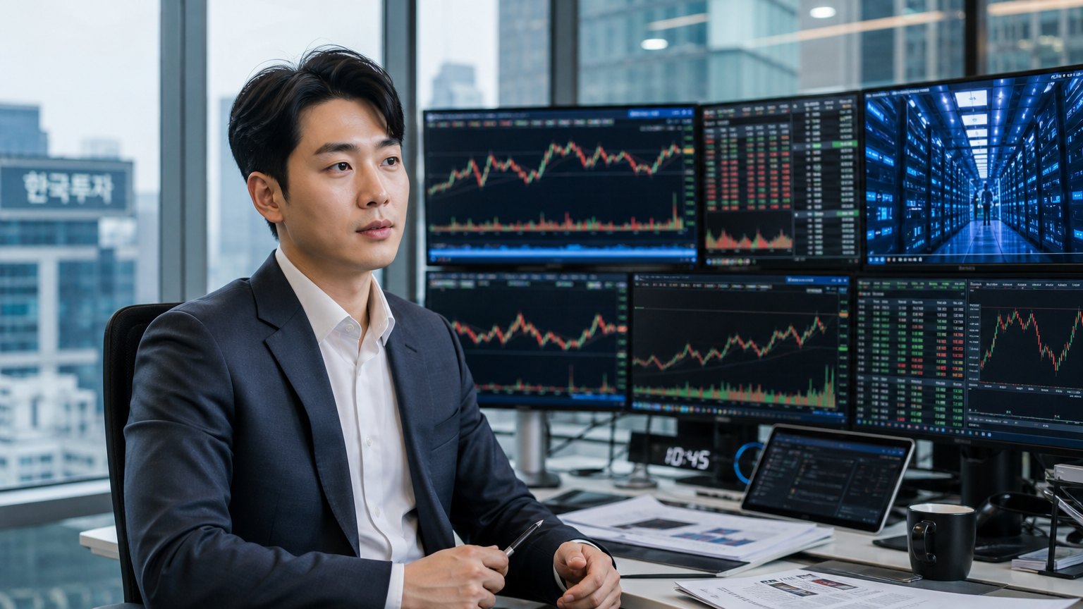 현대적인 사무실에서 주식 시장 변동 그래프를 분석하는 금융 전문가