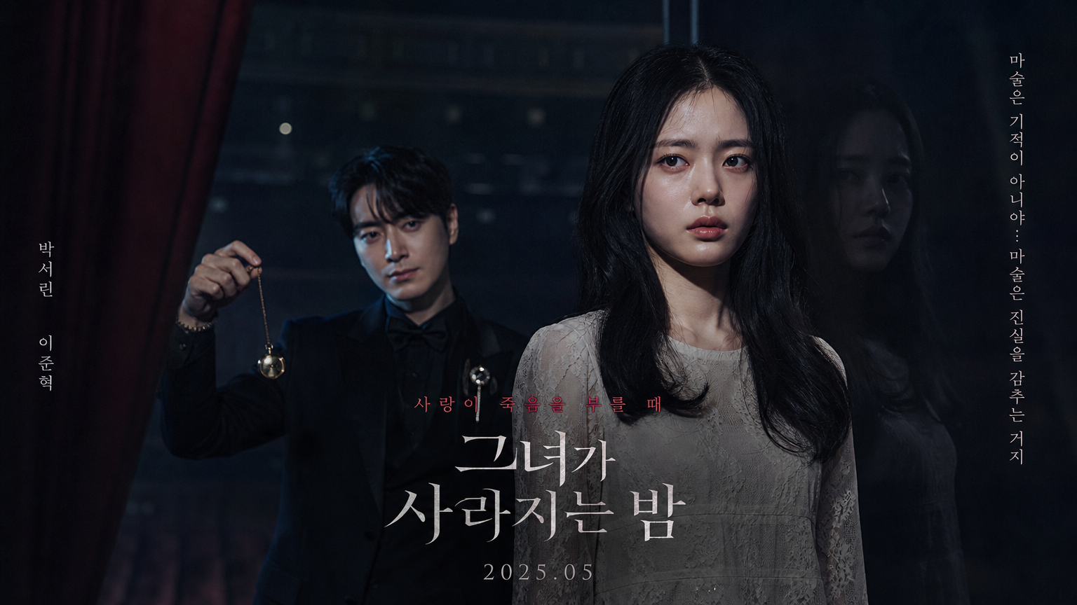 젊은 여성이 귀신을 보는 듯한 표정과 마술사가 신기해하는 모습의 영화 포스터