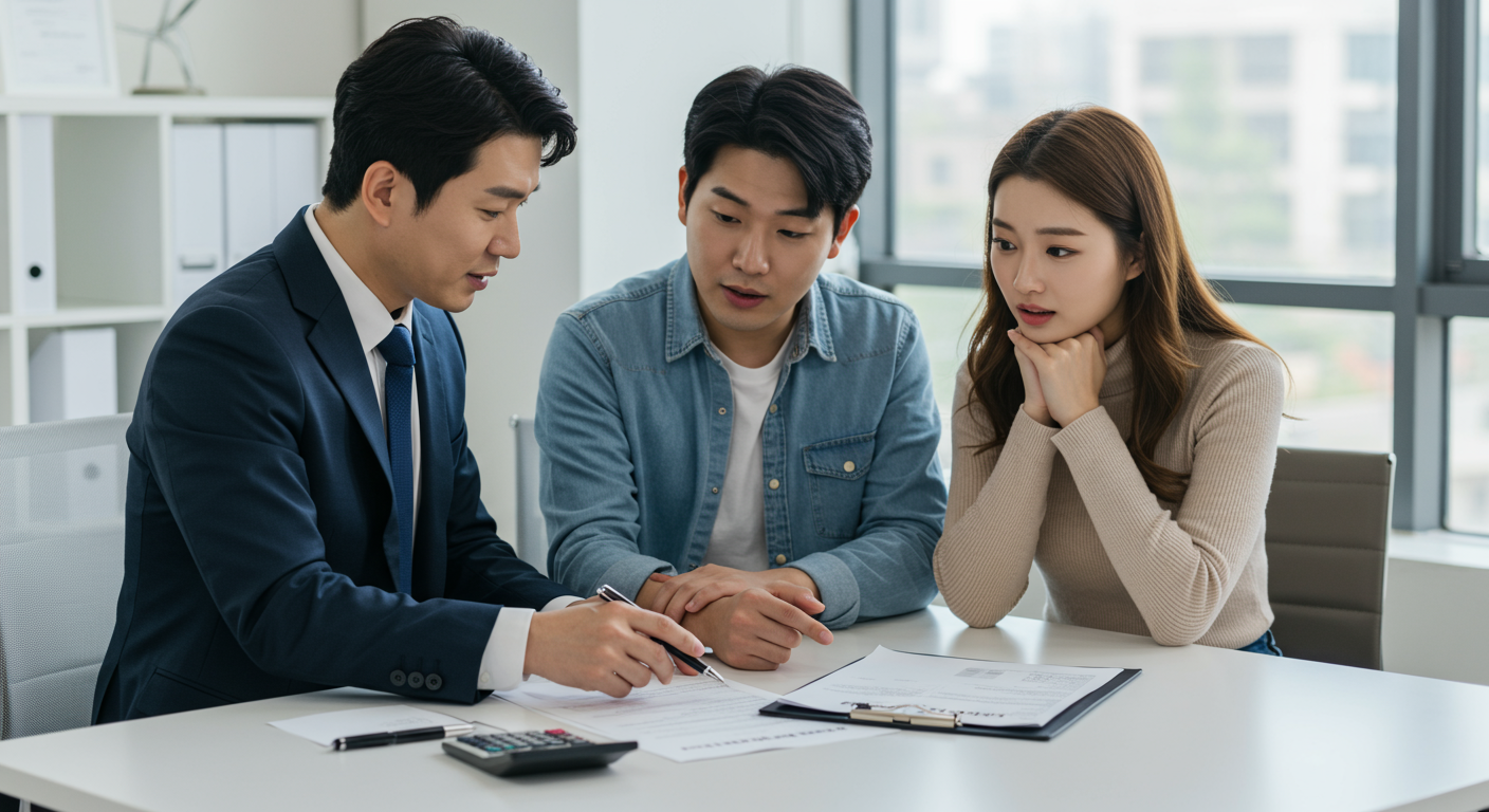 회계사가 젊은 부부에게 세금 환급에 대해 설명하는 장면