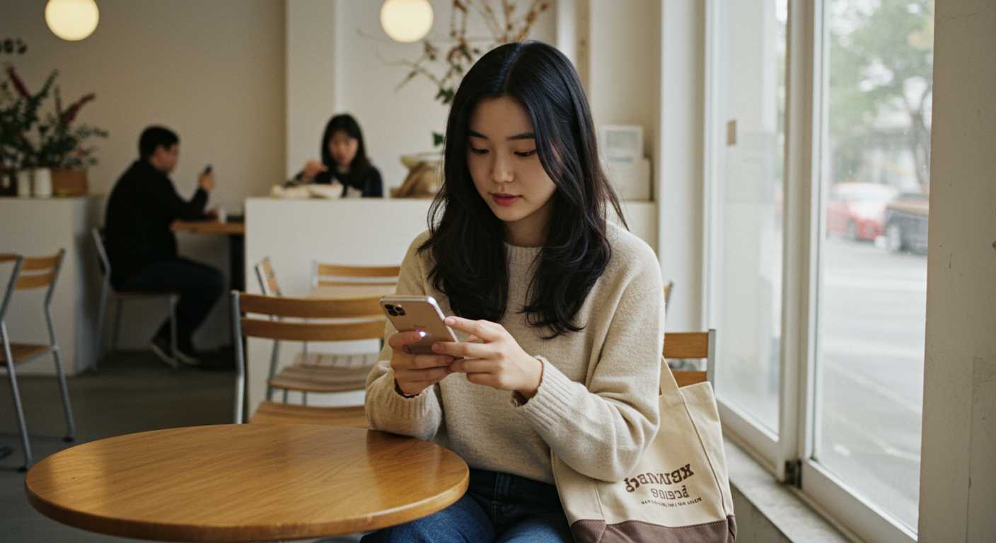 카페에서 스마트폰으로 손택스 앱을 사용하는 젊은 여성